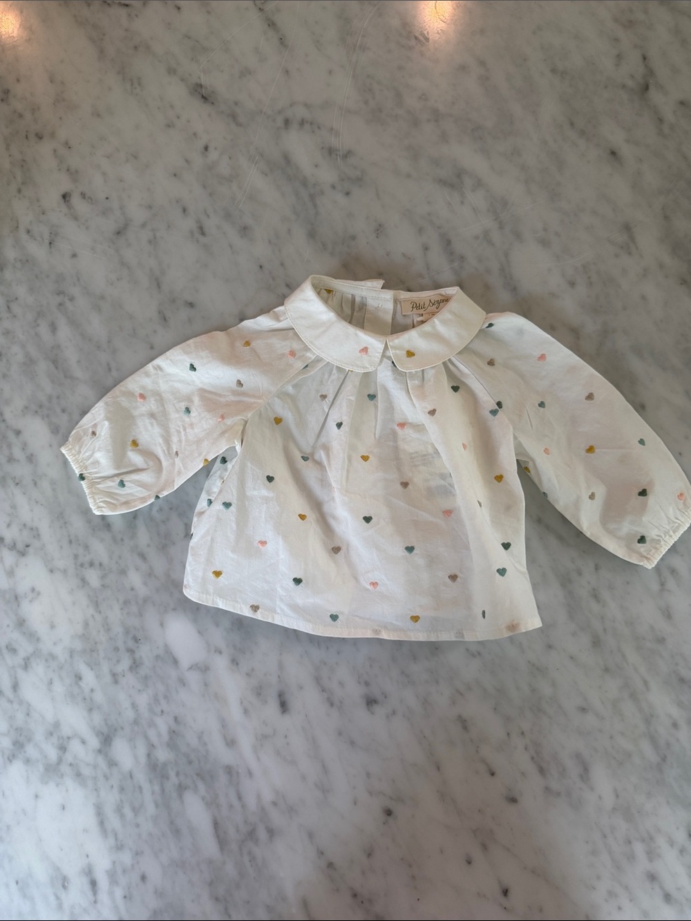 Sezane White Peter Collar Blouse with Tiny Pink, Green, and Gold Hearts